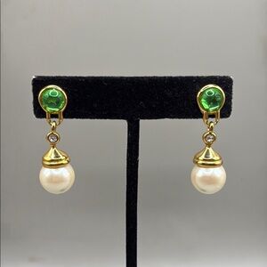 Vintage Gold Tone Green Faux Pearl Dangle Drop Statement Earrings